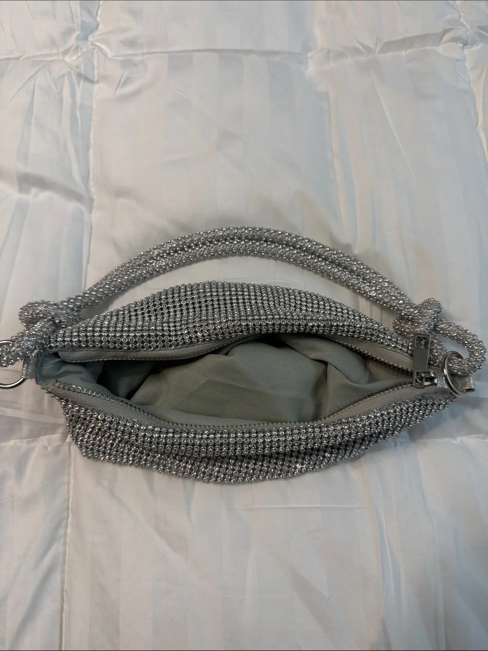 Silver Crystal Mesh Shoulder Clutch with Knotted Strap